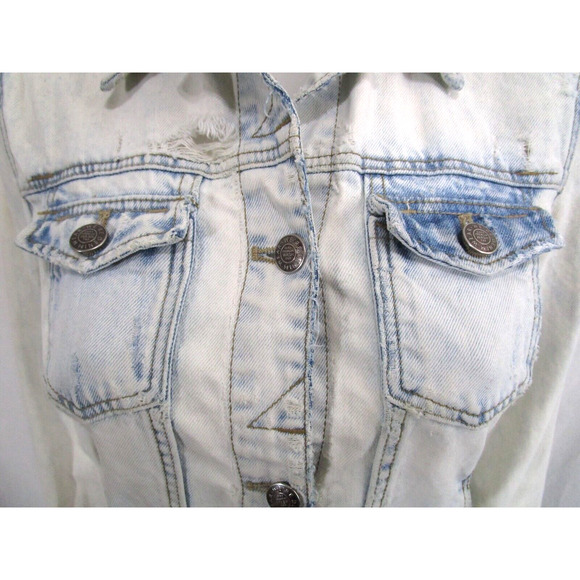 Zara Trafaluc Light Blue Acid Wash Denim Distressed Ripped Jean Jacket Women M - Picture 4 of 11